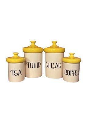 RARE Vintage MCM Groovy 70's Yellow Mushroom Lid Full Canister Set